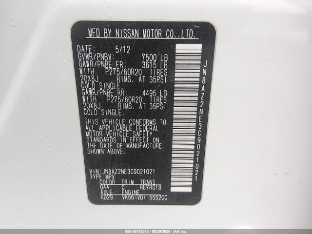 Продажа на аукционе авто 2012 Infiniti Qx56, vin: JN8AZ2NE3C9021021, номер лота: 45152040