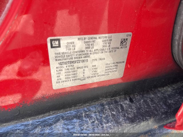Auction sale of the 2015 Gmc Sierra 1500, vin: 1GTV2TEH5FZ210615, lot number: 45152043