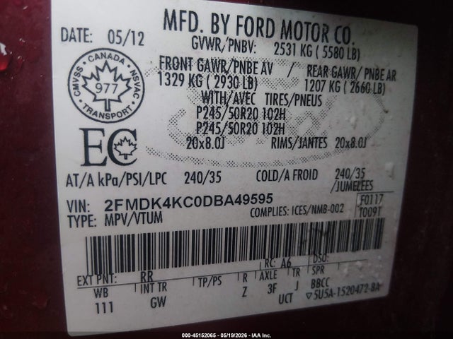 Продажа на аукционе авто 2013 Ford Edge Limited, vin: 2FMDK4KC0DBA49595, номер лота: 45152065