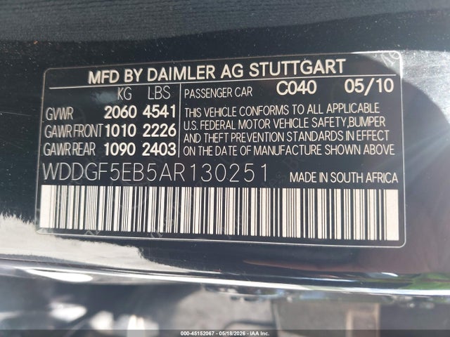 45152067 :رقم المزاد ، WDDGF5EB5AR130251 vin ، 2010 Mercedes-benz C 300 Sport مزاد بيع
