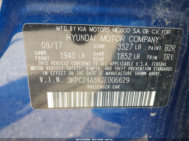 Продажа на аукционе авто 2018 Hyundai Accent Se, vin: 3KPC24A3XJE006629, номер лота: 45152068