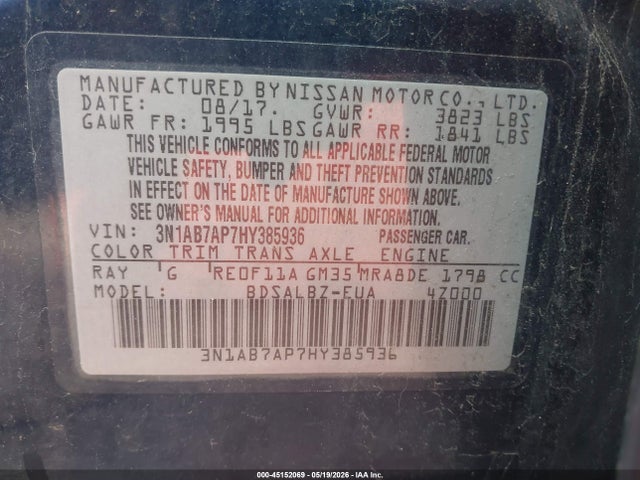 2017 Nissan Sentra S მანქანა იყიდება აუქციონზე, vin: 3N1AB7AP7HY385936, აუქციონის ნომერი: 45152069
