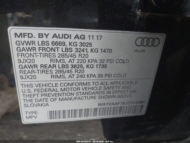 45152070 :رقم المزاد ، WA1VAAF78JD025293 vin ، 2018 Audi Q7 3.0t Premium مزاد بيع