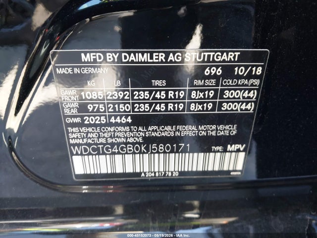 Aukcja sprzedaży 2019 Mercedes-benz Gla 250 4matic, vin: WDCTG4GB0KJ580171, numer aukcji: 45152073