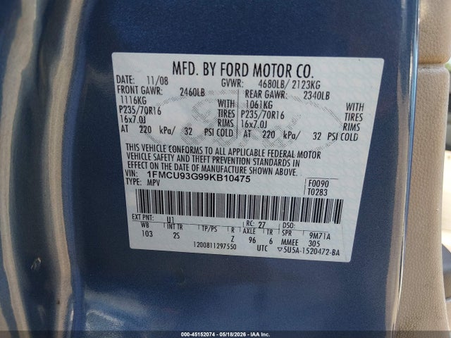 Aukcja sprzedaży 2009 Ford Escape Xlt, vin: 1FMCU93G99KB10475, numer aukcji: 45152074