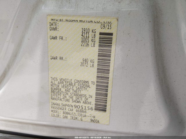 45152075 :رقم المزاد ، 1N4AL3AP4FN905156 vin ، 2015 Nissan Altima 2.5 S مزاد بيع