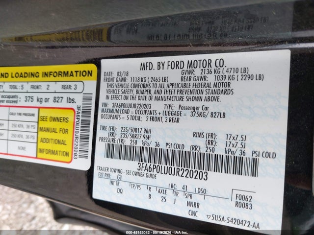 Продаж на аукціоні авто 2018 Ford Fusion Hybrid Se, vin: 3FA6P0LU0JR220203, номер лоту: 45152082