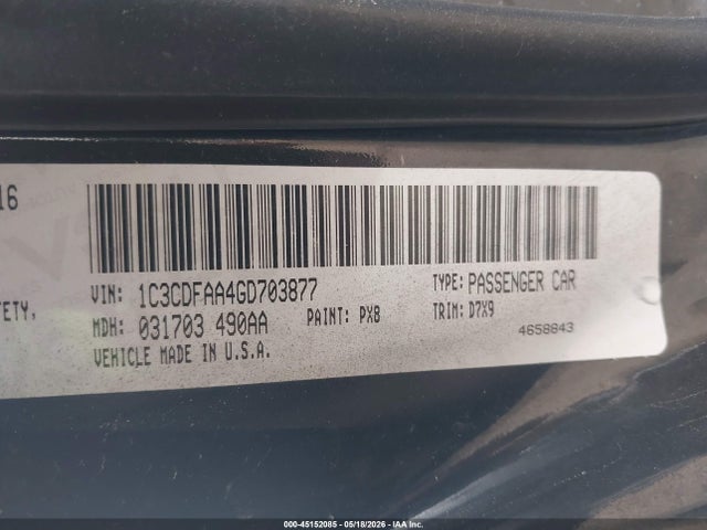 45152085 :رقم المزاد ، 1C3CDFAA4GD703877 vin ، 2016 Dodge Dart Se مزاد بيع