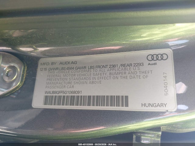 45152089 :رقم المزاد ، WAUB8GFF5G1068091 vin ، 2016 Audi A3 2.0t Premium مزاد بيع