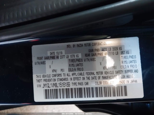 45152094 :رقم المزاد ، JM1GL1VM8L1516189 vin ، 2020 Mazda Mazda6 Touring مزاد بيع