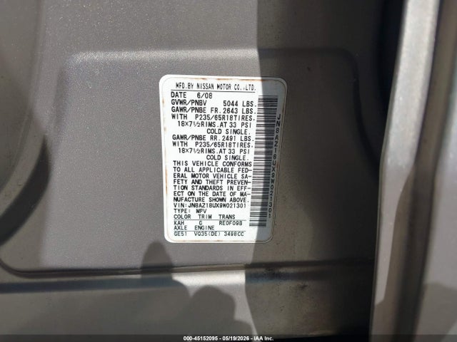 Продаж на аукціоні авто 2009 Nissan Murano S, vin: JN8AZ18UX9W021301, номер лоту: 45152095
