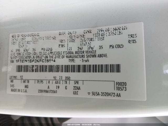 2019 Ford F-150 Xlt მანქანა იყიდება აუქციონზე, vin: 1FTEW1EP2KFC38514, აუქციონის ნომერი: 45152096