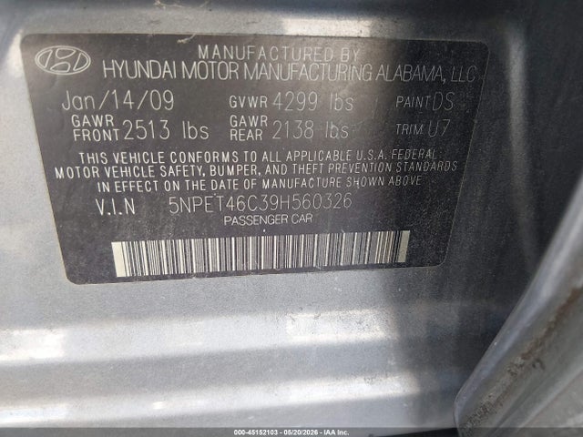 Продажа на аукционе авто 2009 Hyundai Sonata Gls, vin: 5NPET46C39H560326, номер лота: 45152103
