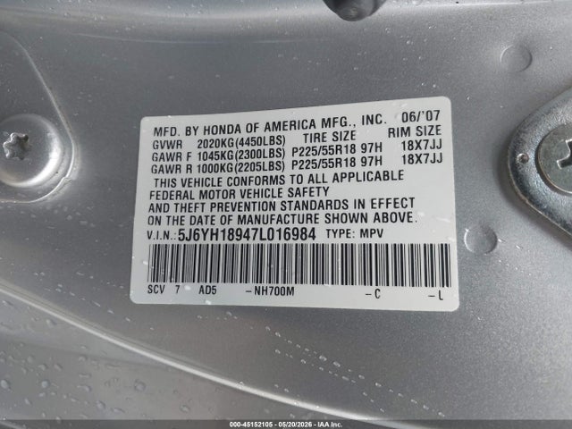 Aukcja sprzedaży 2007 Honda Element Sc, vin: 5J6YH18947L016984, numer aukcji: 45152105