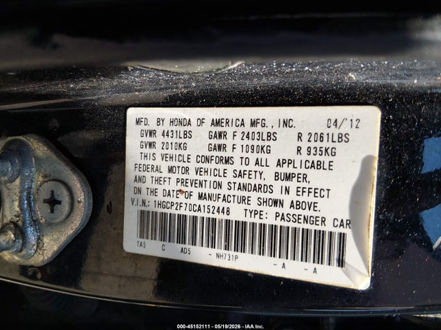 2012 Honda Accord 2.4 Ex მანქანა იყიდება აუქციონზე, vin: 1HGCP2F70CA152448, აუქციონის ნომერი: 45152111