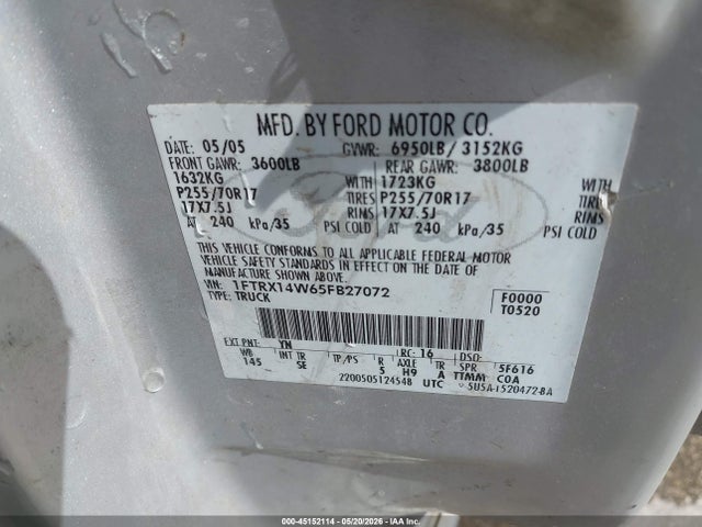 Aukcja sprzedaży 2005 Ford F-150 Stx/xl/xlt, vin: 1FTRX14W65FB27072, numer aukcji: 45152114