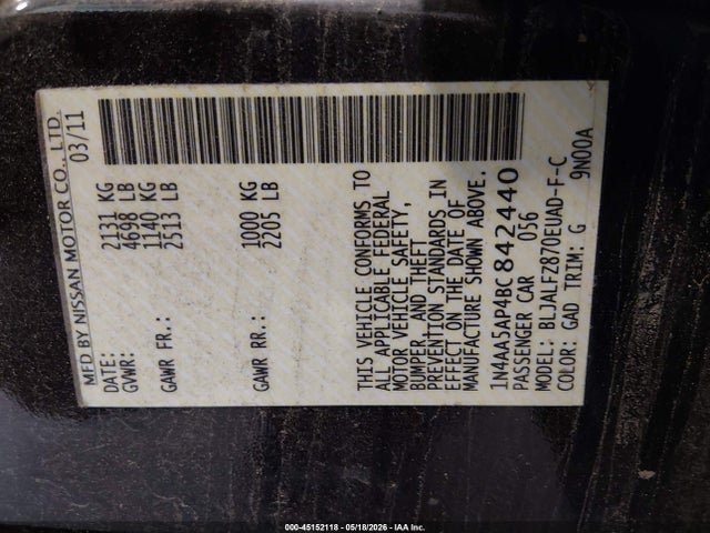 Aukcja sprzedaży 2011 Nissan Maxima 3.5 Sv, vin: 1N4AA5AP4BC842440, numer aukcji: 45152118