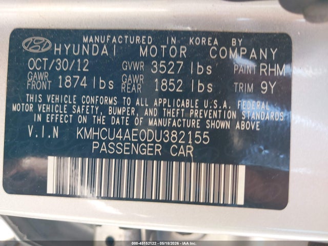 45152122 :رقم المزاد ، KMHCU4AE0DU382155 vin ، 2013 Hyundai Accent Gls مزاد بيع