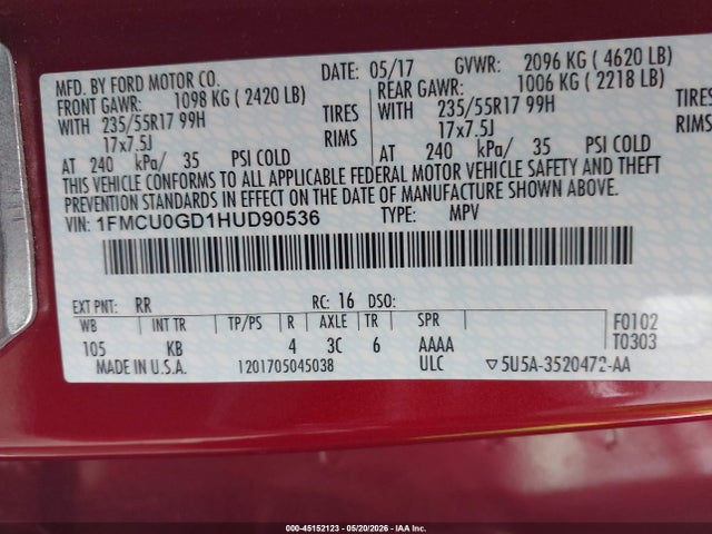 45152123 :رقم المزاد ، 1FMCU0GD1HUD90536 vin ، 2017 Ford Escape Se مزاد بيع