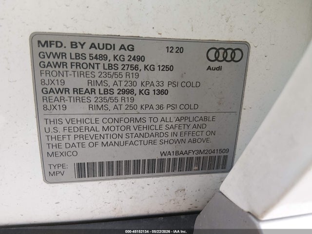 Продаж на аукціоні авто 2021 Audi Q5 Premium Plus 45 Tfsi Quattro S Tronic, vin: WA1BAAFY3M2041509, номер лоту: 45152134
