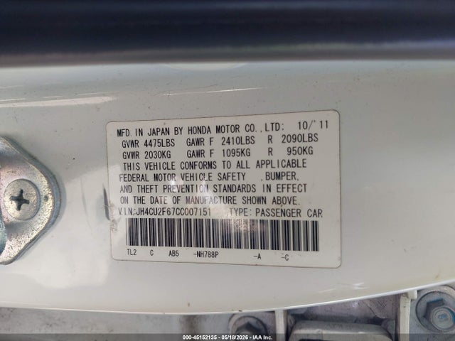 Aukcja sprzedaży 2012 Acura Tsx 2.4, vin: JH4CU2F67CC007151, numer aukcji: 45152135