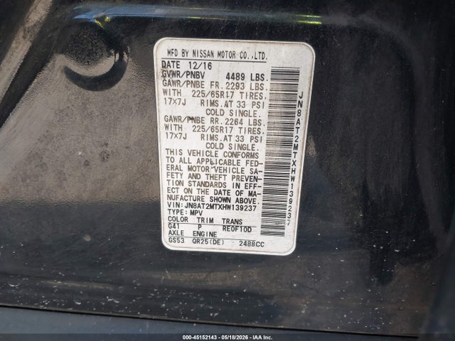 Aukcja sprzedaży 2017 Nissan Rogue S, vin: JN8AT2MTXHW139237, numer aukcji: 45152143