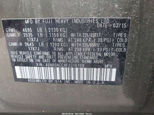 2015 Subaru Outback 2.5i Premium მანქანა იყიდება აუქციონზე, vin: 4S4BSACC9F3316109, აუქციონის ნომერი: 45152144