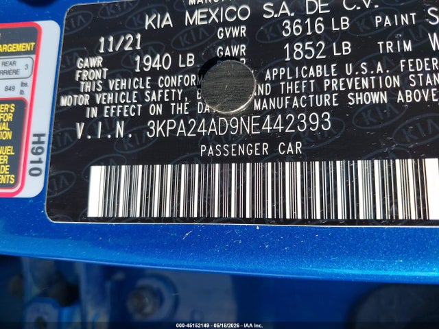 2022 Kia Rio S მანქანა იყიდება აუქციონზე, vin: 3KPA24AD9NE442393, აუქციონის ნომერი: 45152149