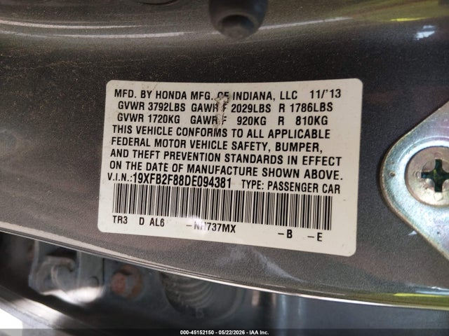 2013 Honda Civic Ex მანქანა იყიდება აუქციონზე, vin: 19XFB2F88DE094381, აუქციონის ნომერი: 45152150