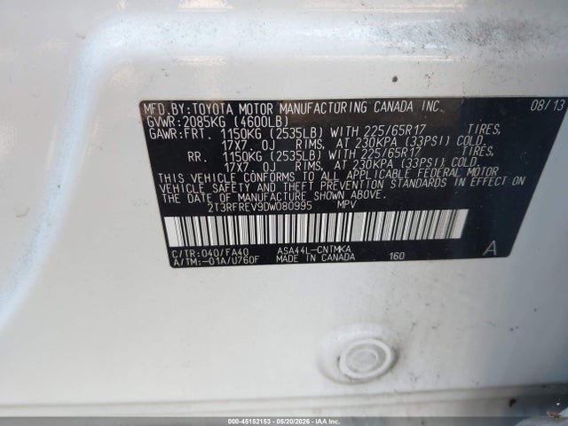 45152153 :رقم المزاد ، 2T3RFREV9DW080995 vin ، 2013 Toyota Rav4 Xle مزاد بيع