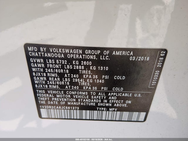 Aukcja sprzedaży 2018 Volkswagen Atlas 3.6l V6 Se/3.6l V6 Se W/technology, vin: 1V2DR2CA6JC561373, numer aukcji: 45152155