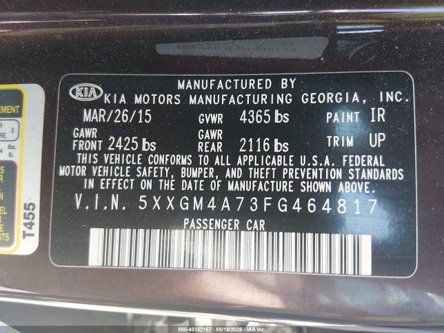 45152167 :رقم المزاد ، 5XXGM4A73FG464817 vin ، 2015 Kia Optima Lx مزاد بيع