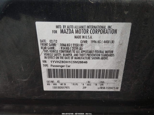 45152168 :رقم المزاد ، 1YVHZ8DH1C5M28846 vin ، 2012 Mazda Mazda6 I Touring مزاد بيع