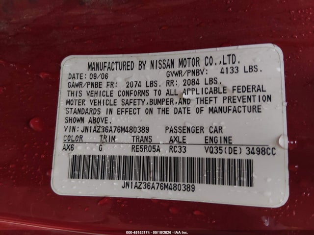 Aukcja sprzedaży 2006 Nissan 350z Touring, vin: JN1AZ36A76M480389, numer aukcji: 45152174