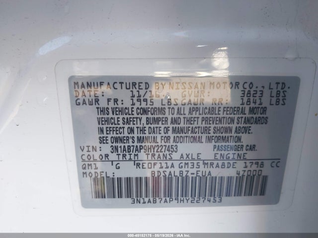 Aukcja sprzedaży 2017 Nissan Sentra S, vin: 3N1AB7AP9HY227453, numer aukcji: 45152175