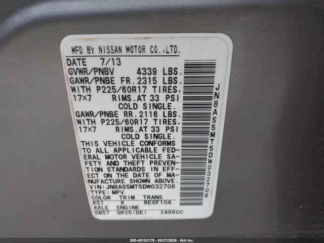 Продаж на аукціоні авто 2013 Nissan Rogue Sv, vin: JN8AS5MT5DW032708, номер лоту: 45152179