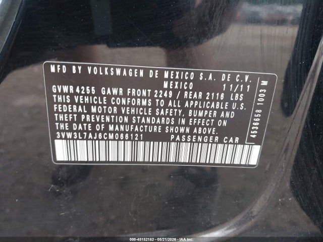 Aukcja sprzedaży 2012 Volkswagen Jetta 2.0l Tdi, vin: 3VW3L7AJ6CM066121, numer aukcji: 45152182