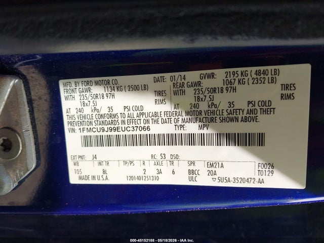 Продажа на аукционе авто 2014 Ford Escape Titanium, vin: 1FMCU9J99EUC37066, номер лота: 45152188