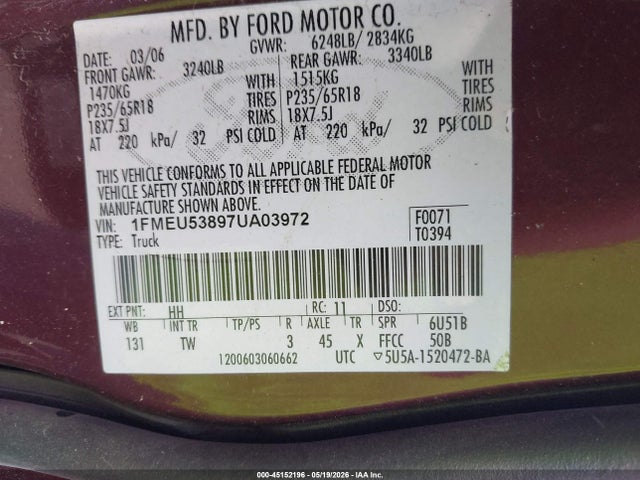 Продажа на аукционе авто 2007 Ford Explorer Sport Trac Limited, vin: 1FMEU53897UA03972, номер лота: 45152196