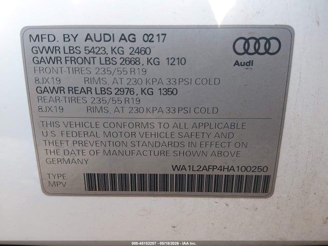 2017 Audi Q5 2.0t Premium მანქანა იყიდება აუქციონზე, vin: WA1L2AFP4HA100250, აუქციონის ნომერი: 45152207