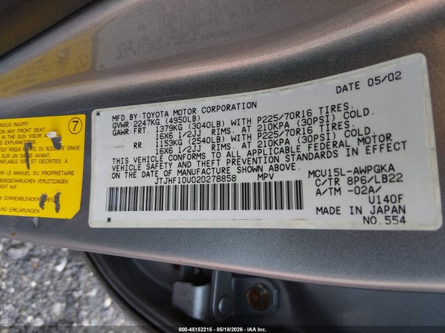 Aukcja sprzedaży 2002 Lexus Rx 300, vin: JTJHF10U020278858, numer aukcji: 45152215