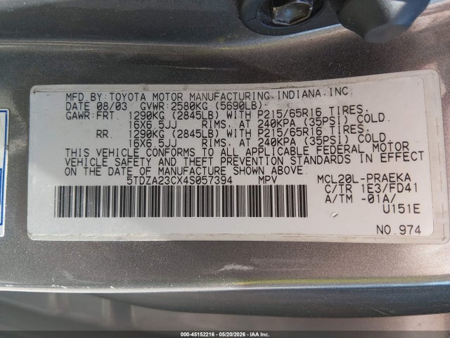 Aukcja sprzedaży 2004 Toyota Sienna Le, vin: 5TDZA23CX4S057394, numer aukcji: 45152216