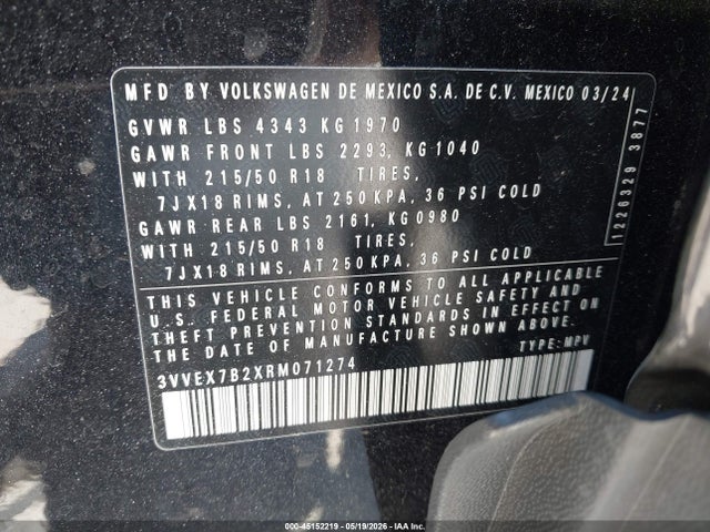 Продажа на аукционе авто 2024 Volkswagen Taos 1.5t Se, vin: 3VVEX7B2XRM071274, номер лота: 45152219