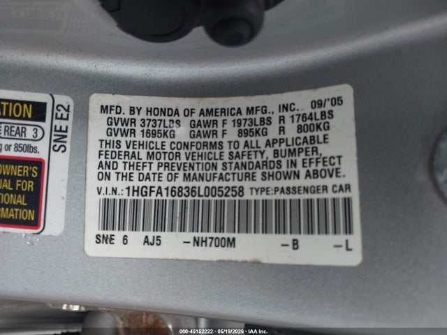 45152222 :رقم المزاد ، 1HGFA16836L005258 vin ، 2006 Honda Civic Ex مزاد بيع