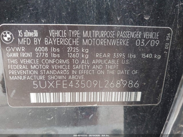 2009 Bmw X5 Xdrive30i მანქანა იყიდება აუქციონზე, vin: 5UXFE43509L268986, აუქციონის ნომერი: 45152233