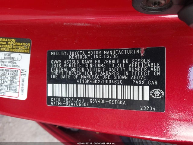 45152235 :رقم المزاد ، 4T1BK46K27U004620 vin ، 2007 Toyota Camry Xle V6 مزاد بيع