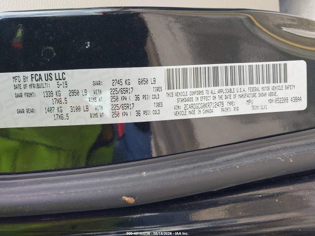Продажа на аукционе авто 2019 Dodge Grand Caravan Sxt, vin: 2C4RDGCG0KR712479, номер лота: 45152236