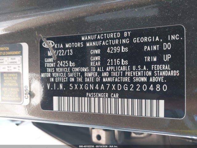 2013 Kia Optima Ex მანქანა იყიდება აუქციონზე, vin: 5XXGN4A7XDG220480, აუქციონის ნომერი: 45152238