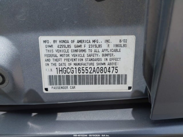 45152244 :رقم المزاد ، 1HGCG16552A080475 vin ، 2002 Honda Accord 3.0 Ex مزاد بيع