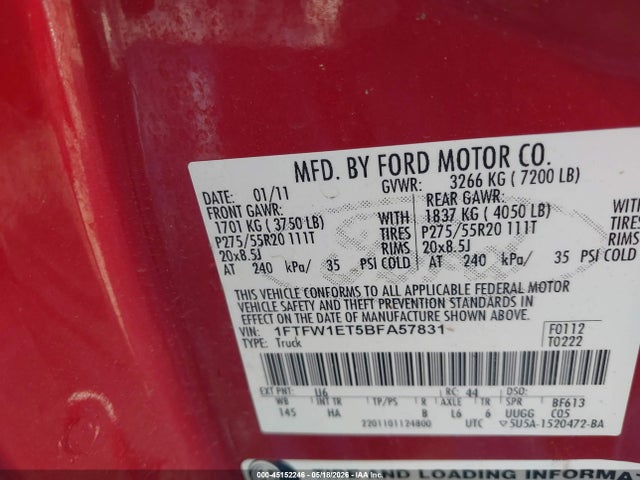 Продаж на аукціоні авто 2011 Ford F-150 Lariat, vin: 1FTFW1ET5BFA57831, номер лоту: 45152246
